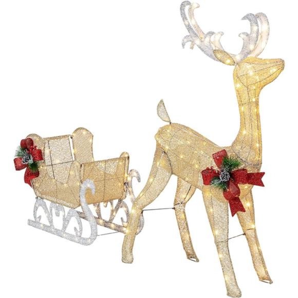 Christmas Lighted Reindeer and Sleigh Decor,OutdoorDecor Set w/ 200 LED Lights
